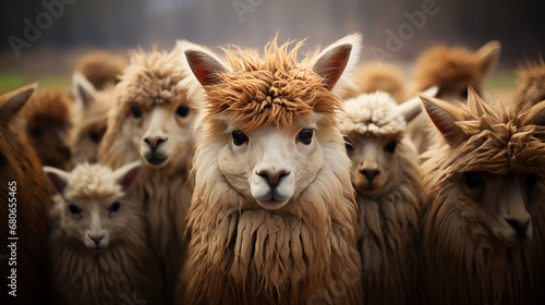 Several alpacas look directly at the camera