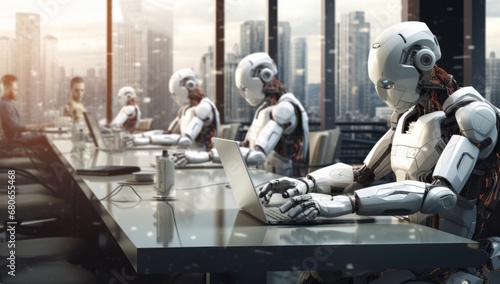 Robotic Colleagues Having a Meeting Over Coffee in a Modern Office Setting
