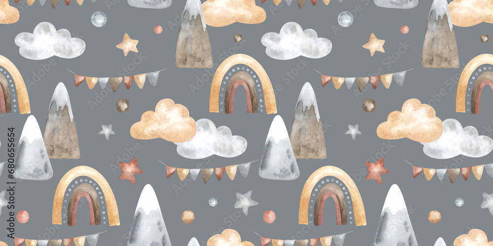 Seamless pattern with Mountains and Rainbows for Baby shower in pastel colors. Hand drawn watercolor pattern with clouds and stars for kid fabric on isolated background. Drawing for childish design. - obrazy, fototapety, plakaty 