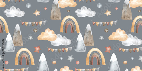 Seamless pattern with Mountains and Rainbows for Baby shower in pastel colors. Hand drawn watercolor pattern with clouds and stars for kid fabric on isolated background. Drawing for childish design.