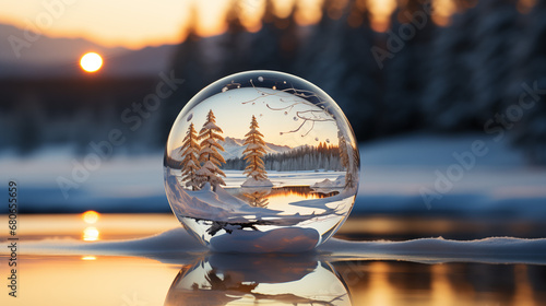 A crystal ball on a reflective surface with a winter scene inside that reflects the snowy landscape in the background.