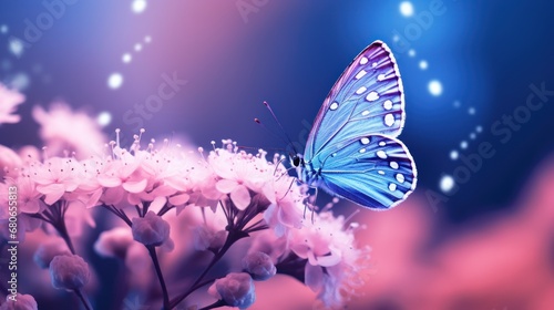  a blue butterfly sitting on a flower with pink flowers in the foreground and a blue and pink sky in the background with stars in the middle of the image. © Anna