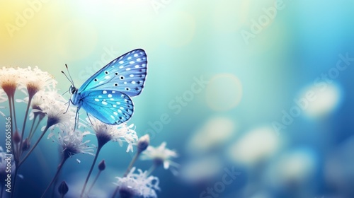  a blue butterfly sitting on a flower in a field of white dandelions with a blue and yellow boke of light shining in the back of the background.