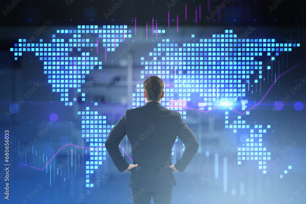 Back view of young european businessman looking at glowing digital pixel squares map of the world with spotlights on blurry toned office interior background. Global business concept. Double exposure. Back view of young european businessman looking at glowing digital pixel squares map of the world with spotlights on blurry toned office interior background. Global business concept. Double exposure.