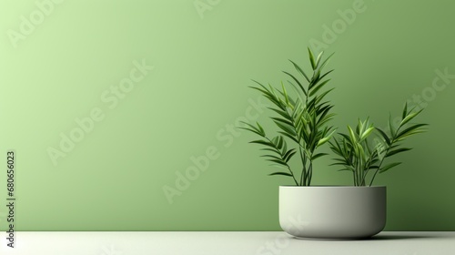  a potted plant sitting on top of a table next to a green wall in front of a light green wall and a white table with a white base with a plant in it.