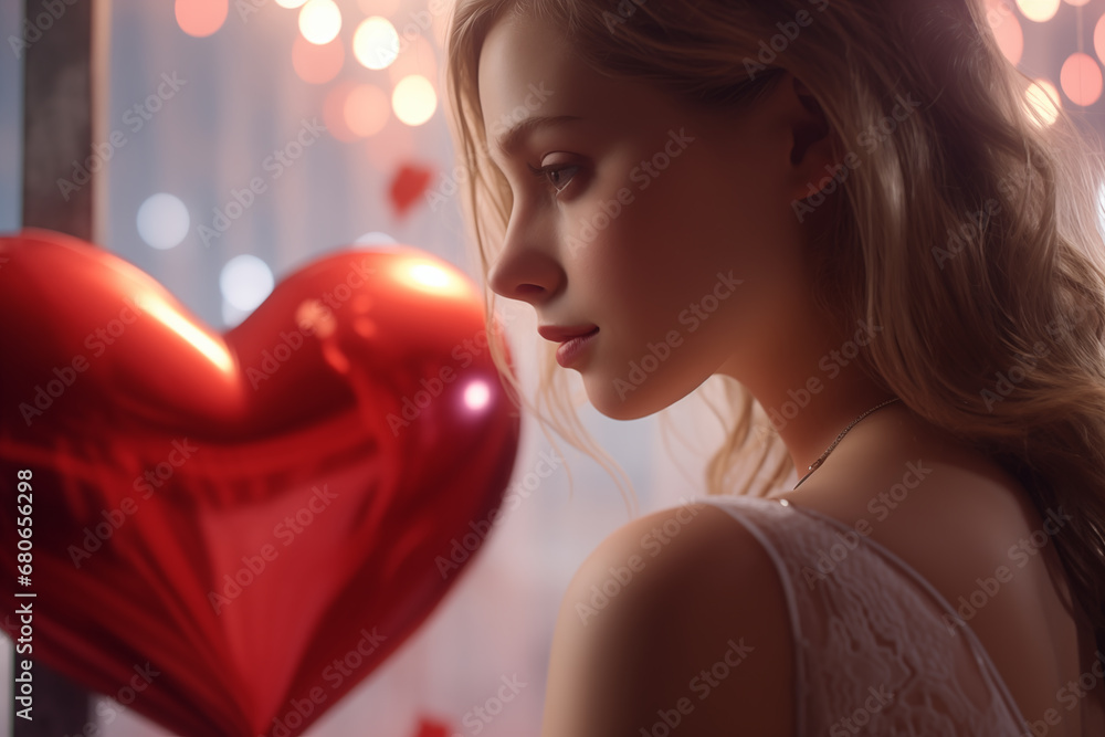 Side view portrait of a young beautiful caucasian woman with long blond hair. There is a heart-shaped red balloon in front of her. Blurry background with some bokeh light in the background.
