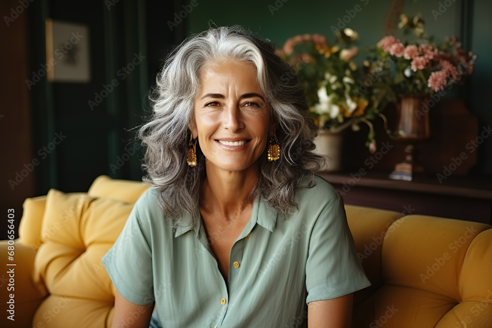 Joyful Moments Smiling Middle-Aged Woman Relaxing on a Vintage Sofa in the Comfort of Her Home, Embracing the Tranquility of Single Senior Living. created with Generative AI Joyful Moments Smiling Middle-Aged Woman Relaxing on a Vintage Sofa in the Comfort of Her Home, Embracing the Tranquility of Single Senior Living. created with Generative AI