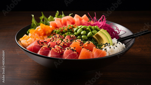 An overhead shot of a colorful smoothie bowl with sliced banana, strawberry