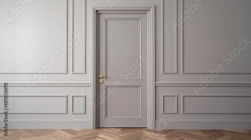  an empty room with a door in the middle of the room and a chevron wooden floor in front of the door is a parqueted parqueted parqueted parquet floor.