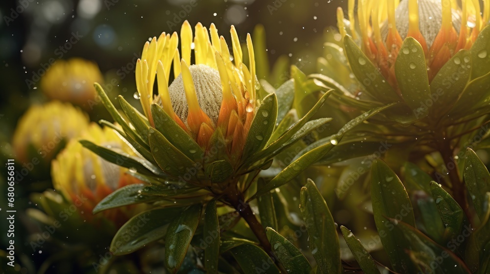 Beautiful protea flower blooming in the garden with rain drops