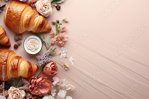Croissant decorated with flowers, fresh and delicious. On a beige background with space for text.