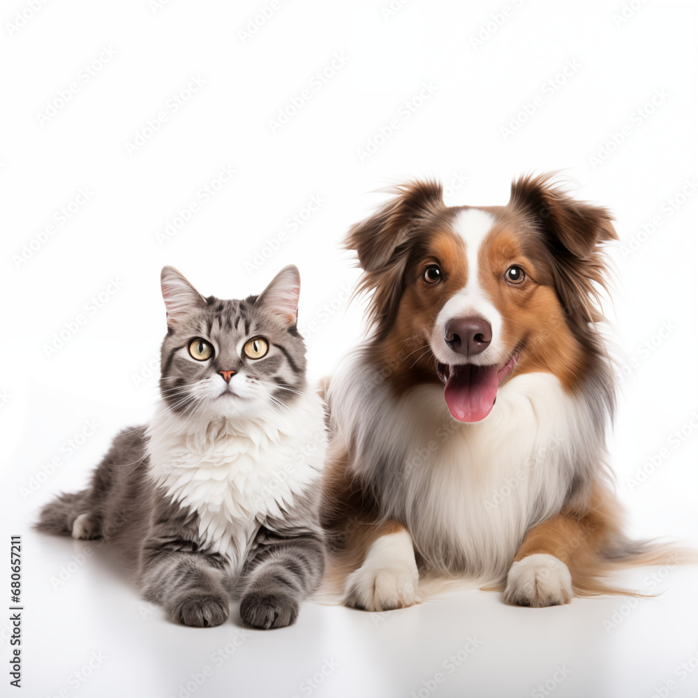 Obraz premium a couple of cat and dogs sitting happily in white background