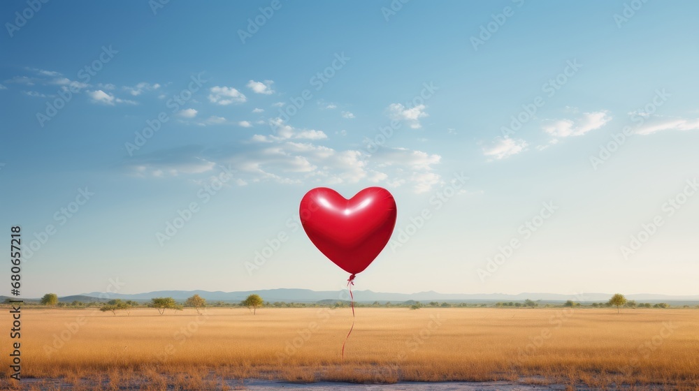  a red heart - shaped balloon floating in the air in a field of dry grass with a blue sky and clouds in the background, with a few clouds in the foreground.