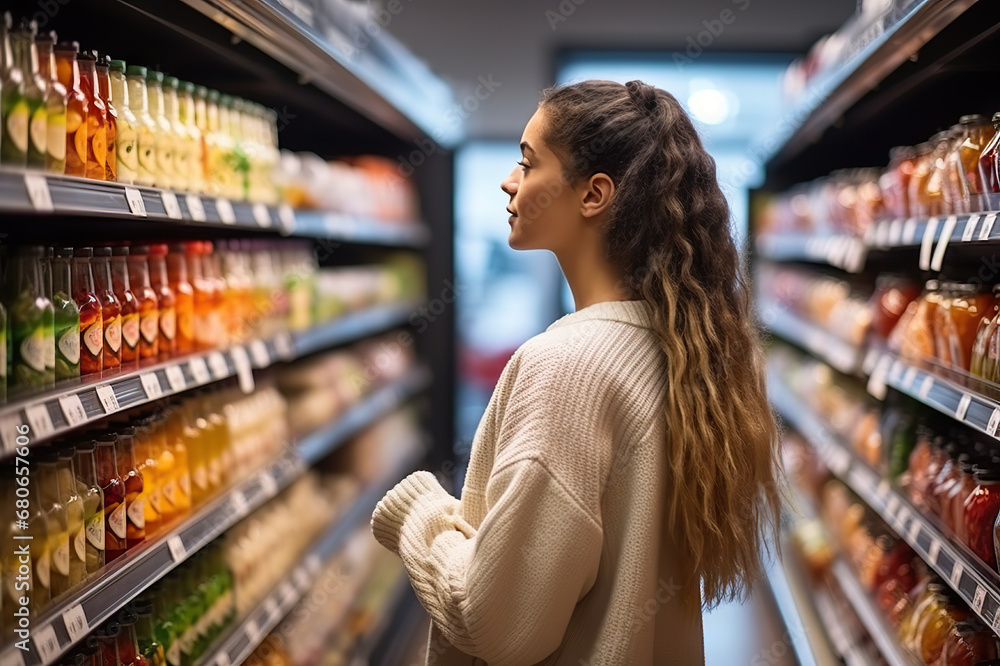 Conscious Consumerism Woman Thoughtfully Navigating Supermarket Aisles, Prioritizing Nutritional Values, Prices, and Composition in Sustainable Shopping Experience. Conscious Consumerism Woman Thoughtfully Navigating Supermarket Aisles, Prioritizing Nutritional Values, Prices, and Composition in Sustainable Shopping Experience.