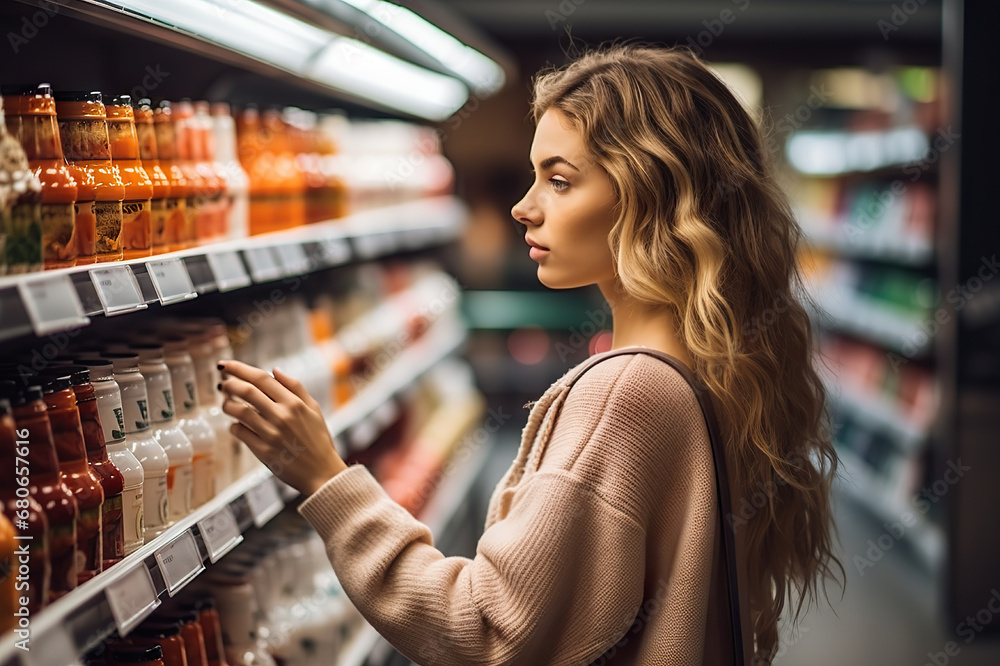 Conscious Consumerism Woman Thoughtfully Navigating Supermarket Aisles, Prioritizing Nutritional Values, Prices, and Composition in Sustainable Shopping Experience.