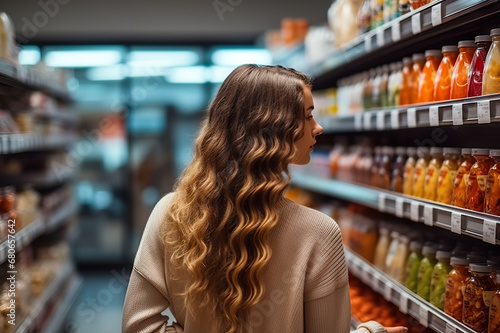 Wallpaper Mural Conscious Consumerism Woman Thoughtfully Navigating Supermarket Aisles, Prioritizing Nutritional Values, Prices, and Composition in Sustainable Shopping Experience. Torontodigital.ca