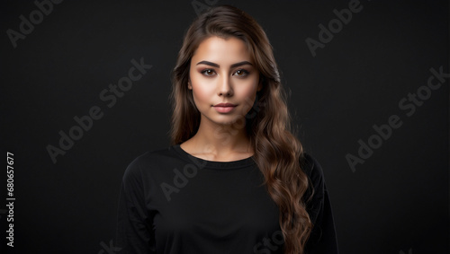 Young girl wearing black t-shirt smiling facing the camera, empty space isolated on bright black background