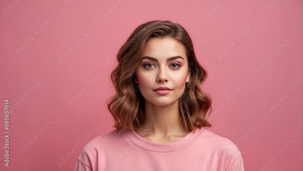 Young girl wearing pink t-shirt smiling facing the camera, empty space isolated on bright pink background Young girl wearing pink t-shirt smiling facing the camera, empty space isolated on bright pink background