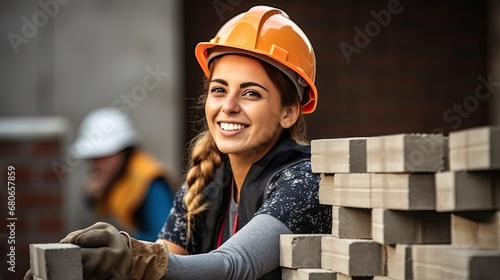 young female construction worker laying a brick wall on a cunstruction site