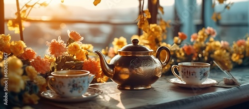 Breakfast in the morning. Tea cup  teapot and flowers on the table