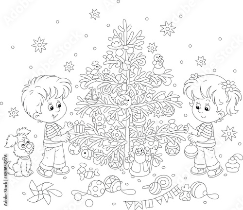 Happy little girl and boy with their merry pup decorating a beautiful Christmas tree with holiday toys, balls and sweets, black and white outline vector cartoon illustration for a coloring book