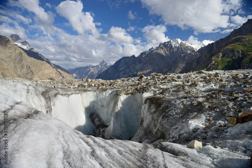 A huge crevasse on Biafo glacier of Krakoram Mountain Range, located in Pakistan.  photo