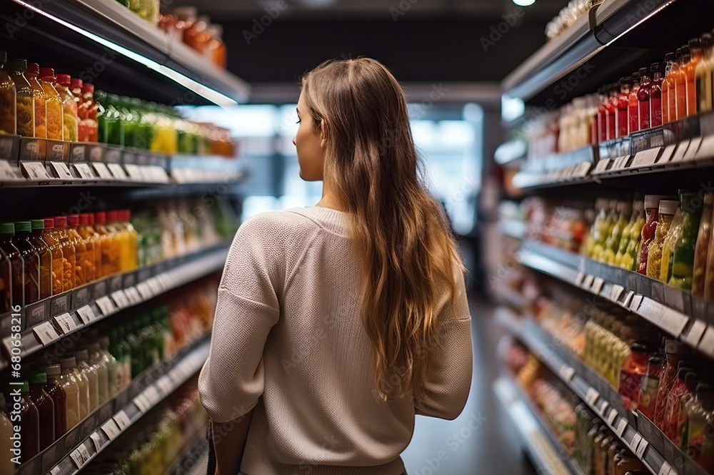 Conscious Consumerism Woman Thoughtfully Navigating Supermarket Aisles, Prioritizing Nutritional Values, Prices, and Composition in Sustainable Shopping Experience. created with Generative AI