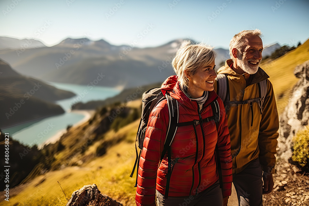 Awe-Inspiring Retirement Senior Couple Marvels at Pacific Coast Beauty, Embracing Nature's Wonders on a Mountain Hiking Adventure. created with Generative AI