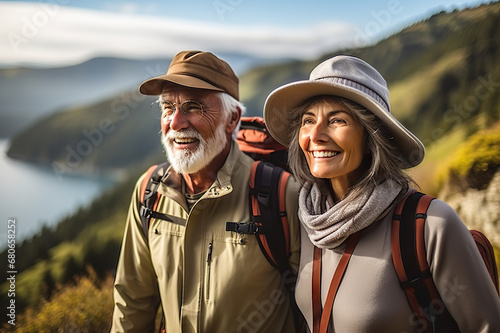 Awe-Inspiring Retirement Senior Couple Marvels at Pacific Coast Beauty, Embracing Nature's Wonders on a Mountain Hiking Adventure. created with Generative AI