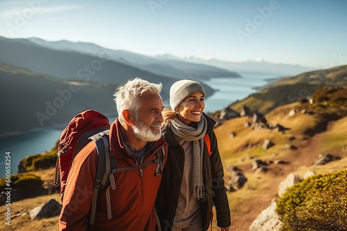 Awe-Inspiring Retirement Senior Couple Marvels at Pacific Coast Beauty, Embracing Nature's Wonders on a Mountain Hiking Adventure. created with Generative AI © photobuay