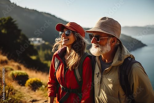 Awe-Inspiring Retirement Senior Couple Marvels at Pacific Coast Beauty, Embracing Nature's Wonders on a Mountain Hiking Adventure. created with Generative AI