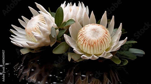 Beautiful white protea flowers on black background with water drops.