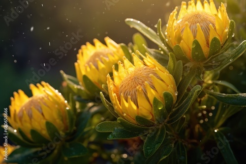 Close up of yellow protea flowers with water drops in the morning