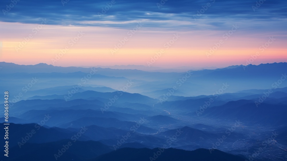 aerial picture of twilight sunset, haze in valley under a clear dark blue sky, copy space, 16:9