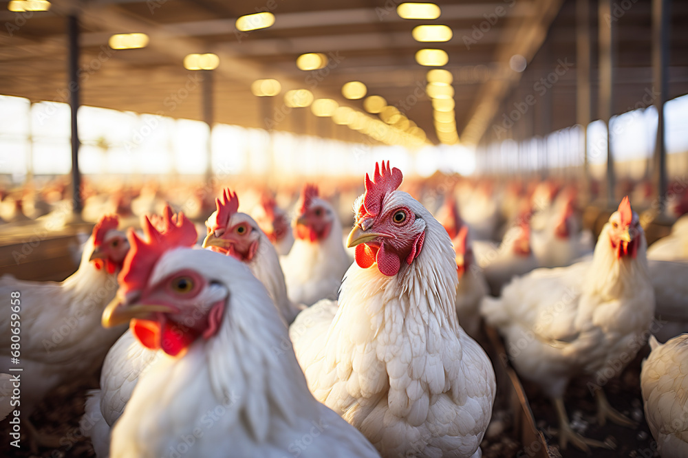 Inside the Coop Chicken Farm Serenity with Poultry Feeding in a Controlled Indoor Environment. created with Generative AI