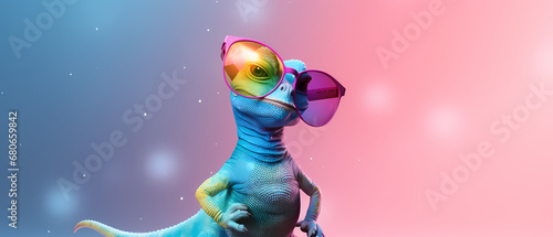 Lizard with sunglasses and space colors, background is bokeh with bubbles