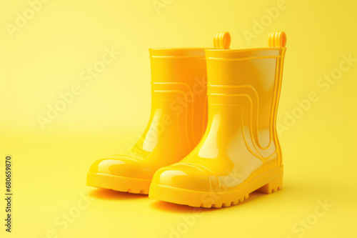 Yellow rubber boots on a yellow background. AI generative.