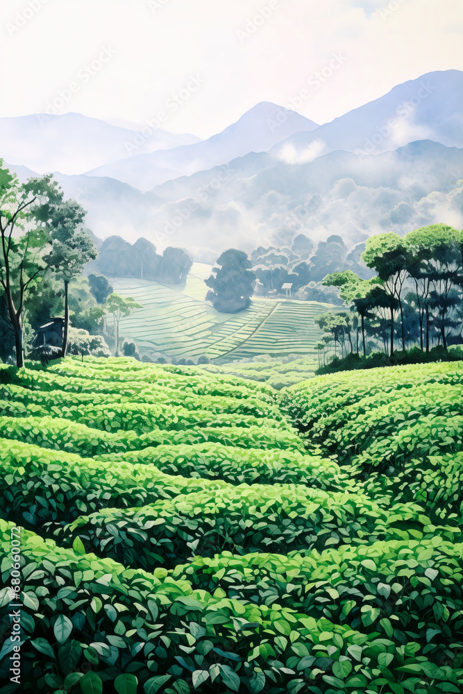 Natural concept. Landscape. Green tea fields. Green tea plantations in China. The idea of wilderness and healthy living. Green leaves and trees. Outlines of mountains. Wellness and nature.