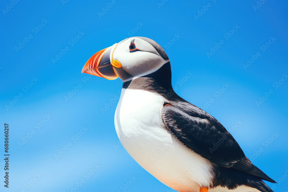 Naklejka premium The captivating allure of Icelandic Atlantic puffins, with their colorful beaks and distinctive markings, nesting in cliffs along the coast or sheltered islands, presents a vibrant and adorable avian