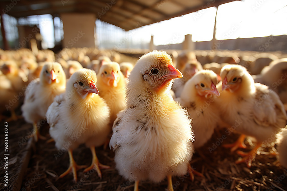 Adorable Brood: A Captivating Snapshot of Chicks on a Thriving Broilers Farm, Where Livestock Welfare Takes Center Stage. created with Generative AI