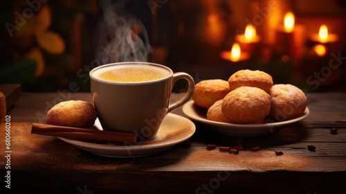  a cup of coffee sitting on top of a saucer next to a plate of cinnamons and a plate of doughnuts on a wooden table with lit candles in the background.