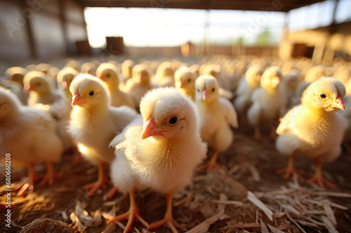 Adorable Brood: A Captivating Snapshot of Chicks on a Thriving Broilers Farm, Where Livestock Welfare Takes Center Stage. created with Generative AI