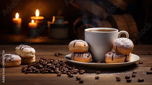  a cup of coffee sitting next to a plate of doughnuts and a pile of coffee beans on a table next to a barrel of candles and a pile of coffee beans.