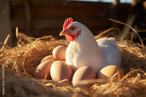 Farm-Fresh Bounty Locally Produced Organic Eggs, Respectful Farming with Roosters, Hens, and Chickens in a Picturesque Hen House Setting. created with Generative AI