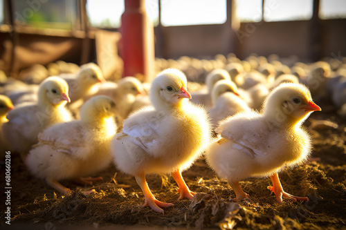 Adorable Brood A Charming Group of Chicks on a Thriving Broilers Farm, Capturing the Essence of Sustainable Poultry Farmingcreated with Generative AI