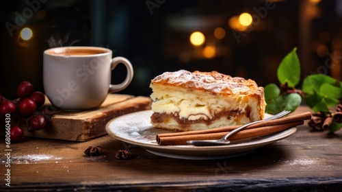  a piece of cake sitting on top of a white plate next to a cup of coffee and a cinnamon stick on a wooden table next to a cup of coffee.