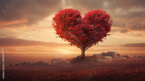 Valentine’s Day Love: A Background Illustration of a Red Heart Tree, Generative AI