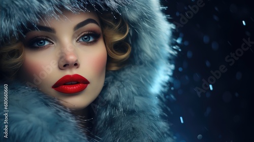 woman in luxurious fur coat. Fashion model girl in blue fox fur coat. Perfect makeup and accessories. Beautiful luxury winter lady. Generative AI