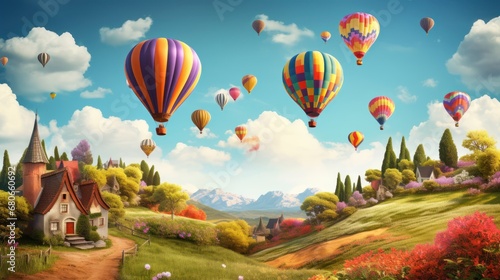  a painting of many hot air balloons flying in the sky over a small house and a field with flowers and a church in the foreground with mountains in the background.