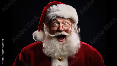 Portrait of a shocked Santa Claus, Christmas discounts, in a red suit, Christmas card